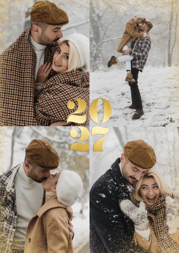 Kerstkaarten - Minimalistische kerstkaart met eigen fotos en gouden 2027