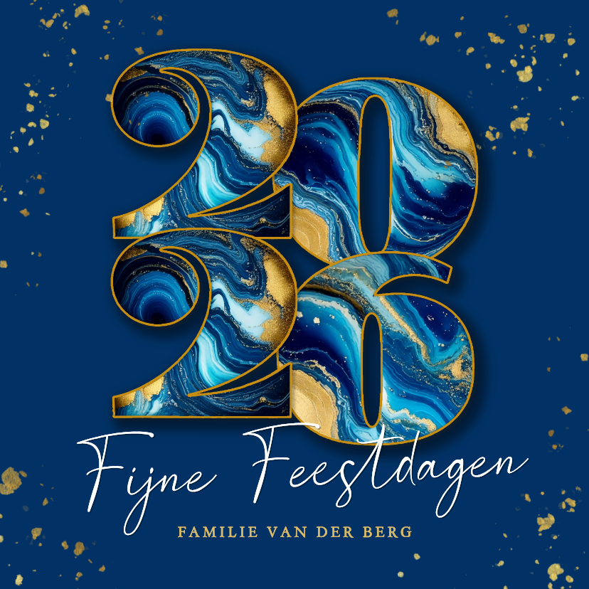 Kerstkaarten - Modern kerstkaartje met marmeren 2026 donker blauw