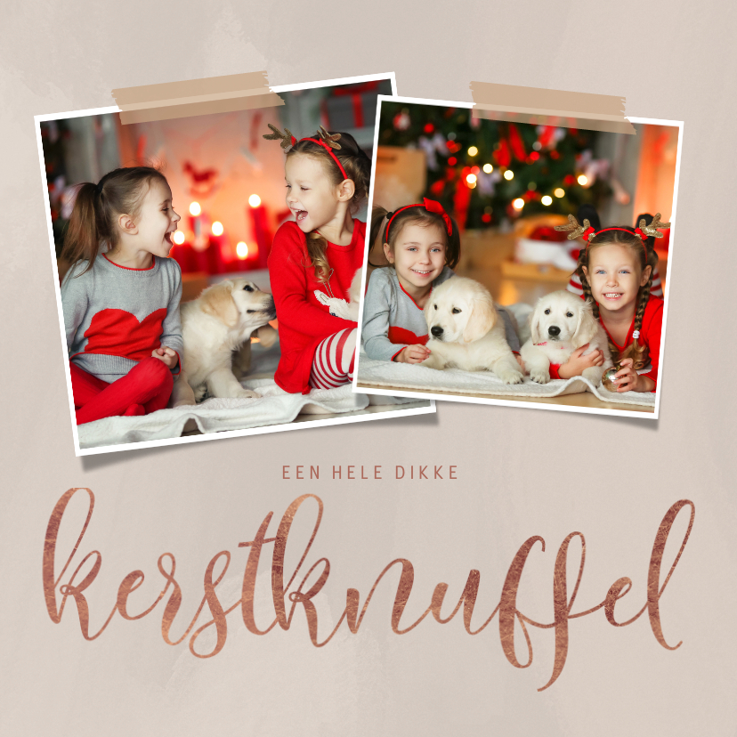 Moderne kerstkaart dikke kerstknuffel en 2 foto's op beige - Kerstkaarten Kerstkaarten - Moderne kerstkaart dikke kerstknuffel en 2 foto's op beige
