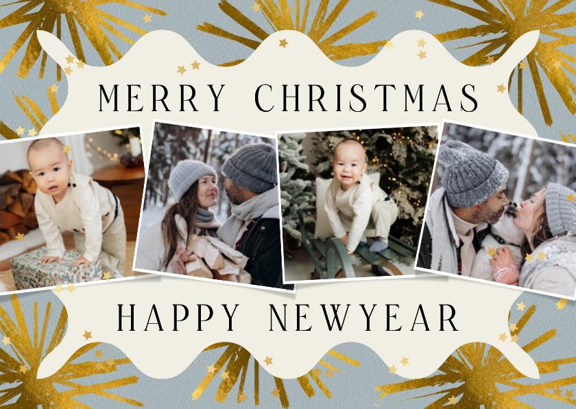 Kerstkaarten - Moderne kerstkaart fotocollage vuurwerk sterren goud