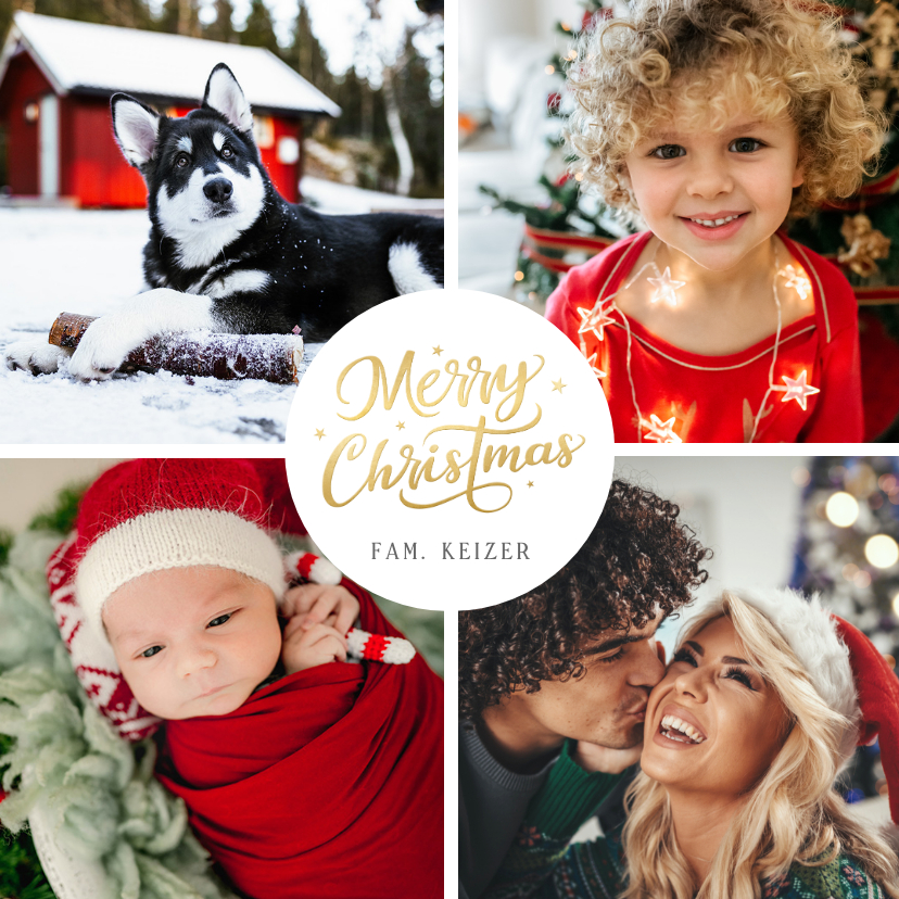 Kerstkaarten - Moderne kerstkaart met 4 eigen foto's en Merry Christmas