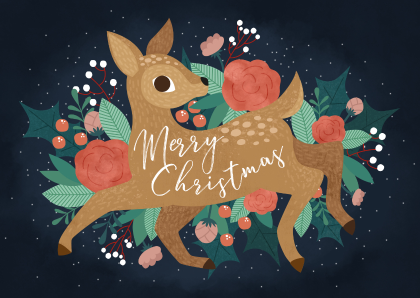 Moderne kerstkaart met bloemen en hert - Kerstkaarten Kerstkaarten - Moderne kerstkaart met bloemen en hert