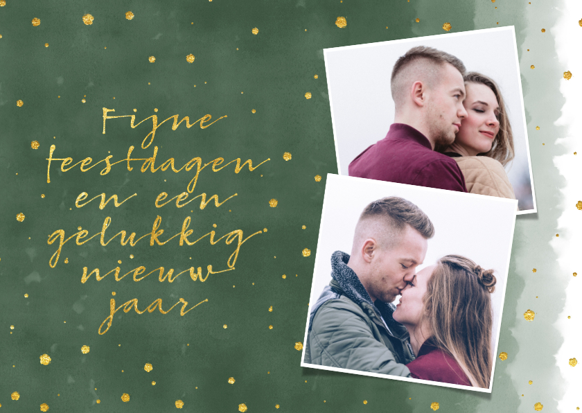 Moderne kerstkaart met goud typografie en groene waterverf - Kerstkaarten Kerstkaarten - Moderne kerstkaart met goud typografie en groene waterverf