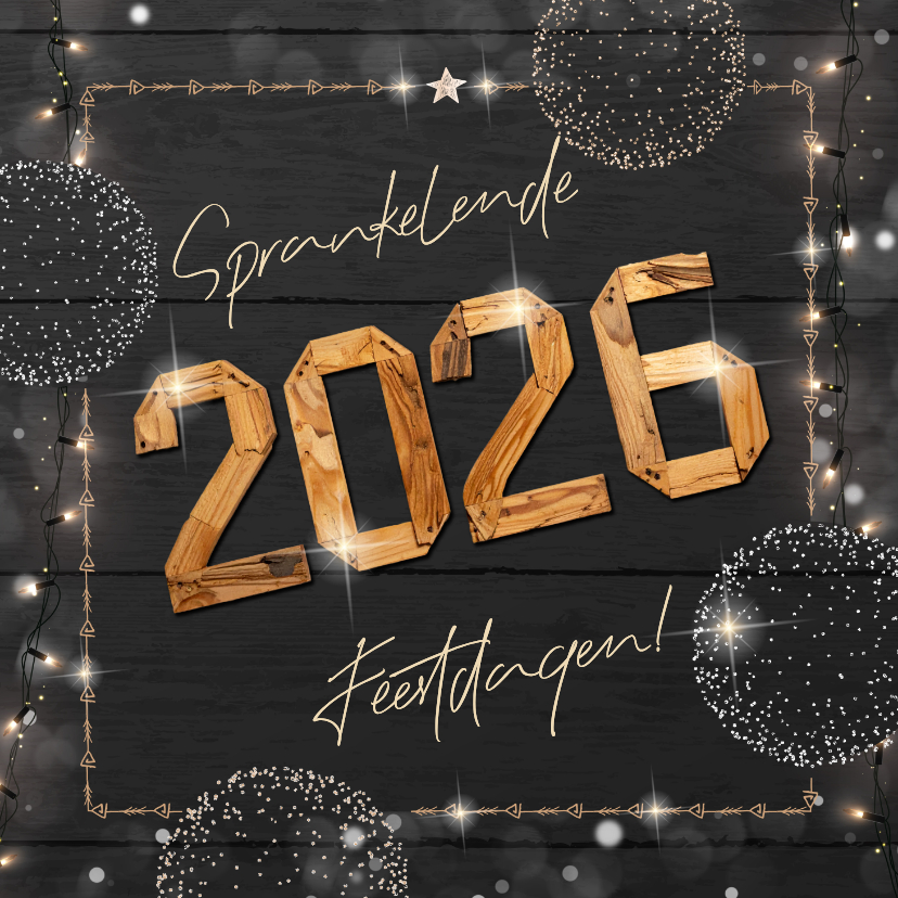 Moderne kerstkaart met houten jaartal en frame van lichtjes - Kerstkaarten Kerstkaarten - Moderne kerstkaart met houten jaartal en frame van lichtjes