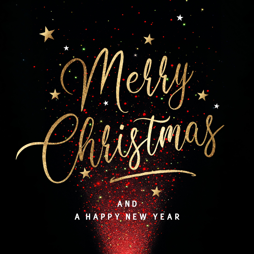 Moderne kerstkaart met rode lichtjes en gouden tekst - Kerstkaarten Kerstkaarten - Moderne kerstkaart met rode lichtjes en gouden tekst