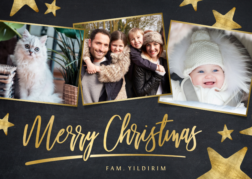 Moderne zwarte kerstkaart met gouden sterren en eigen foto's - Kerstkaarten Kerstkaarten - Moderne zwarte kerstkaart met gouden sterren en eigen foto's