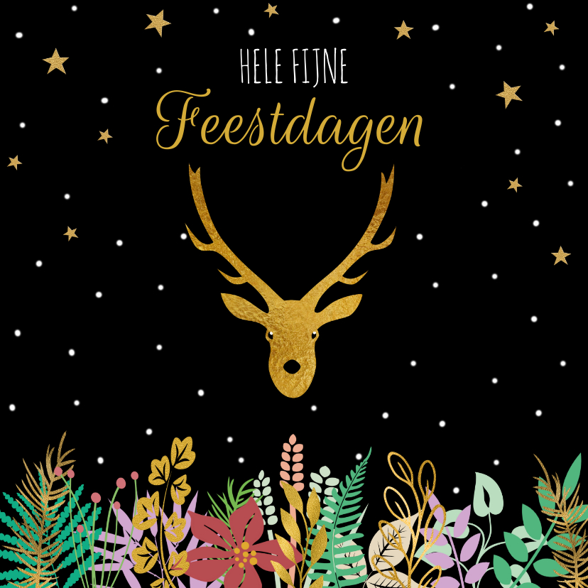 Mooie kerstkaart met sterren, blaadjes en sneeuw op zwart - Kerstkaarten Kerstkaarten - Mooie kerstkaart met sterren, blaadjes en sneeuw op zwart