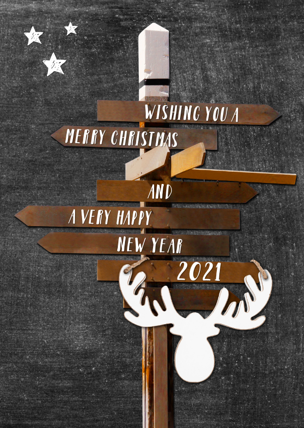 Nieuwjaarskaart Hippe houten wegwijzer op krijtbord - Kerstkaarten Kerstkaarten - Nieuwjaarskaart Hippe houten wegwijzer op krijtbord