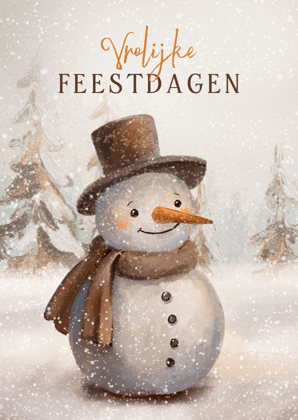 Nostalgische kerstkaart met sneeuwpop sneeuw en dennenbomen - Kerstkaarten Kerstkaarten - Nostalgische kerstkaart met sneeuwpop sneeuw en dennenbomen