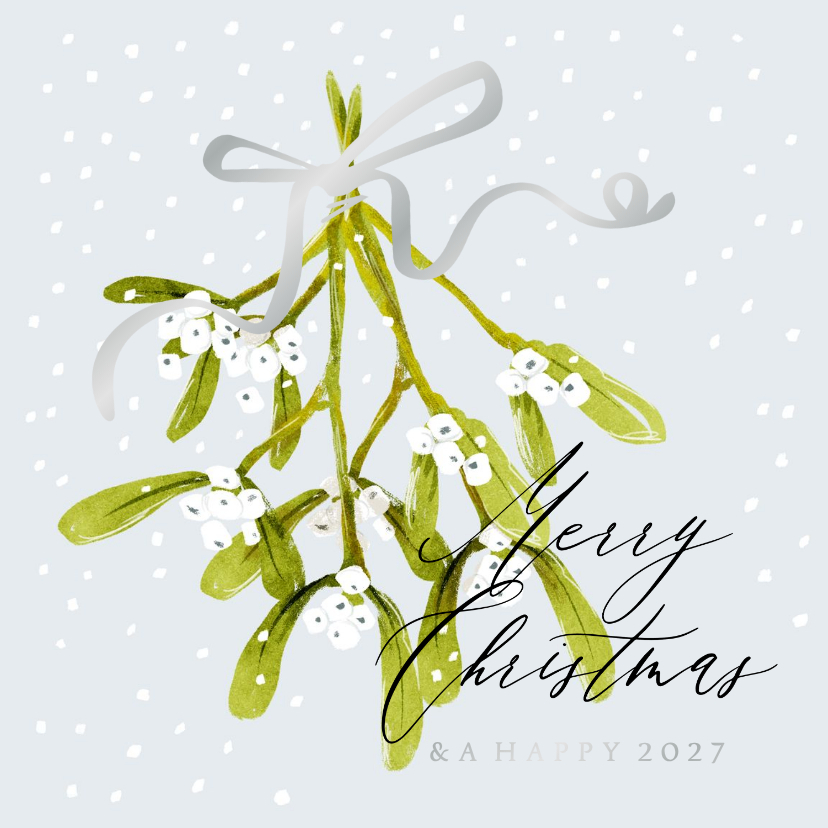 Nostalgische kerstkaart mistletoe strik zilver(folie) sneeuw - Kerstkaarten Kerstkaarten - Nostalgische kerstkaart mistletoe strik zilver(folie) sneeuw