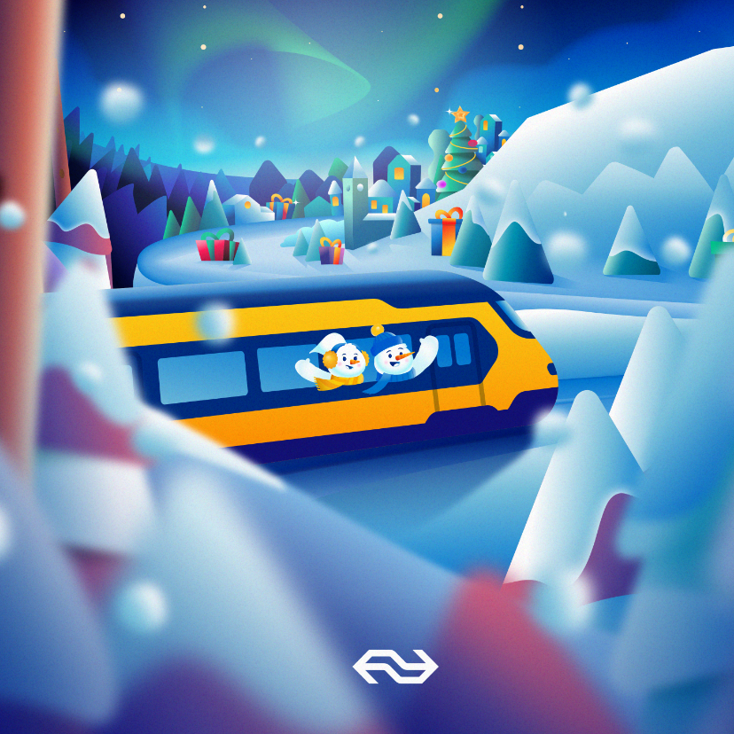 Kerstkaarten - NS Wintercity vierkant sneeuwpoppen in trein