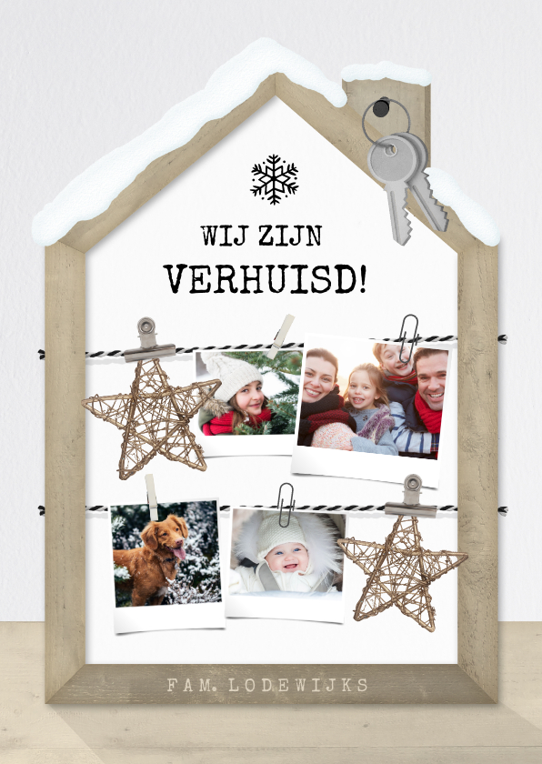 Kerstkaarten - Originele kerst verhuiskaart met houten huisje fotocollage