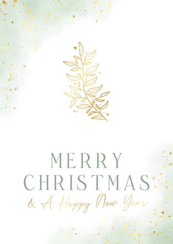 Originele kerstkaart met groene waterverf en gouden takje - Kerstkaarten Kerstkaarten - Originele kerstkaart met groene waterverf en gouden takje