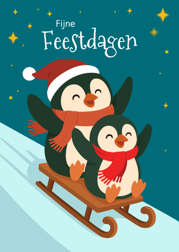 Pinguins op slee kerstkaart - Kerstkaarten Kerstkaarten - Pinguins op slee kerstkaart
