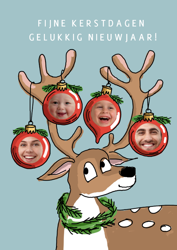 Kerstkaarten - Rendier met 4 kerstballen en 4 foto's