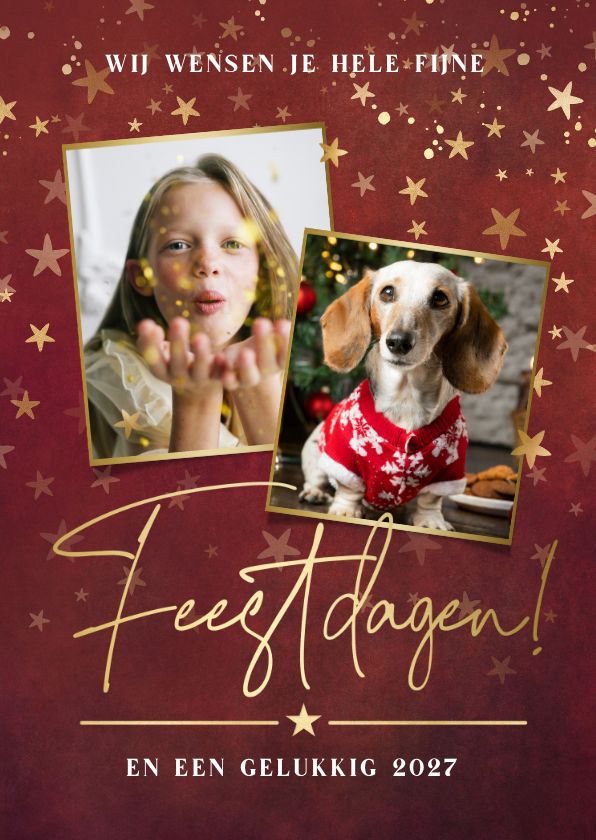 Rode kerstkaart met gouden sterretjes en 2 eigen foto's - Kerstkaarten Kerstkaarten - Rode kerstkaart met gouden sterretjes en 2 eigen foto's