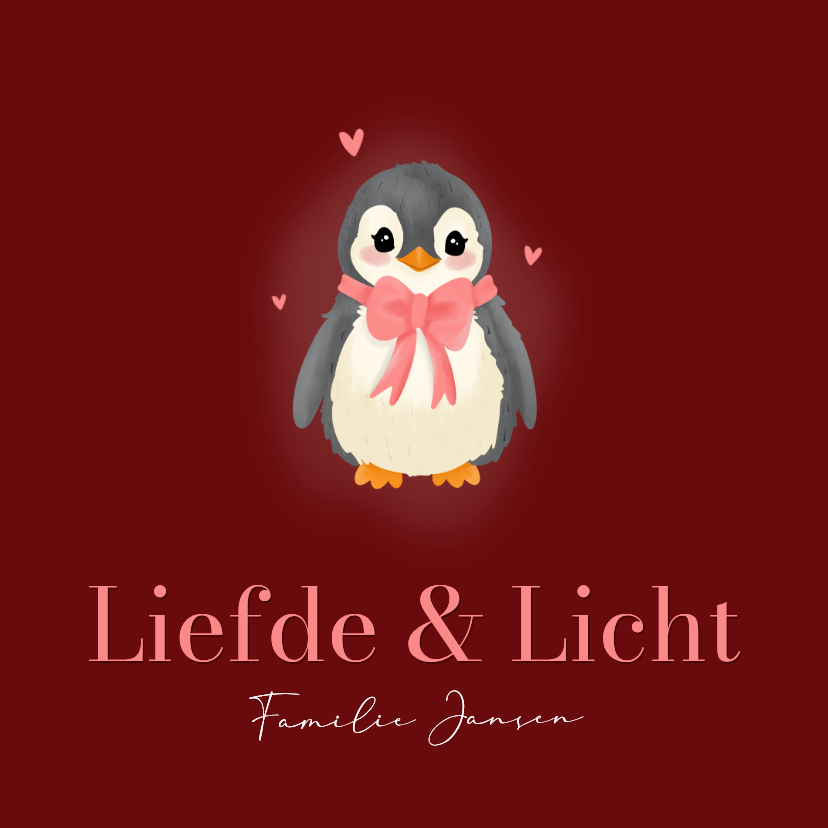 Kerstkaarten - Rode kerstkaart met schattige pinguin met strikje