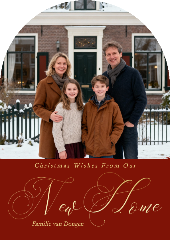 Rood verhuiskaartje kerst met foto new home boog - Kerstkaarten Kerstkaarten - Rood verhuiskaartje kerst met foto new home boog