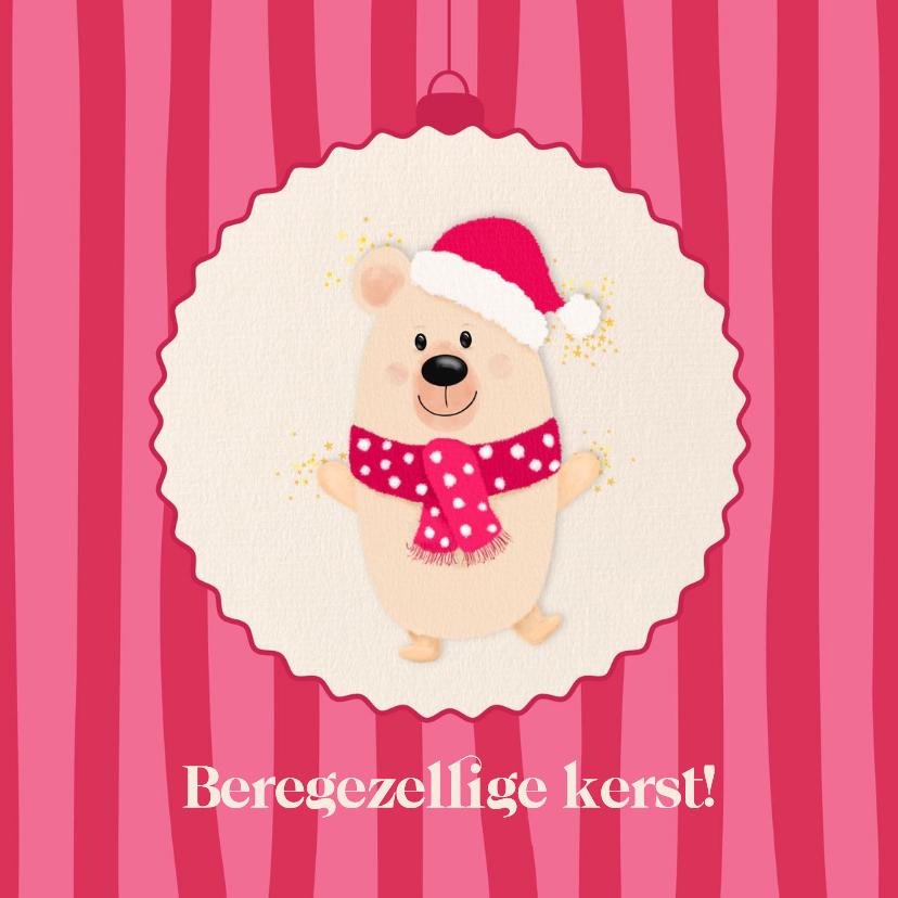 Roze kerstkaart met kerst beertje roze strepen - Kerstkaarten Kerstkaarten - Roze kerstkaart met kerst beertje roze strepen