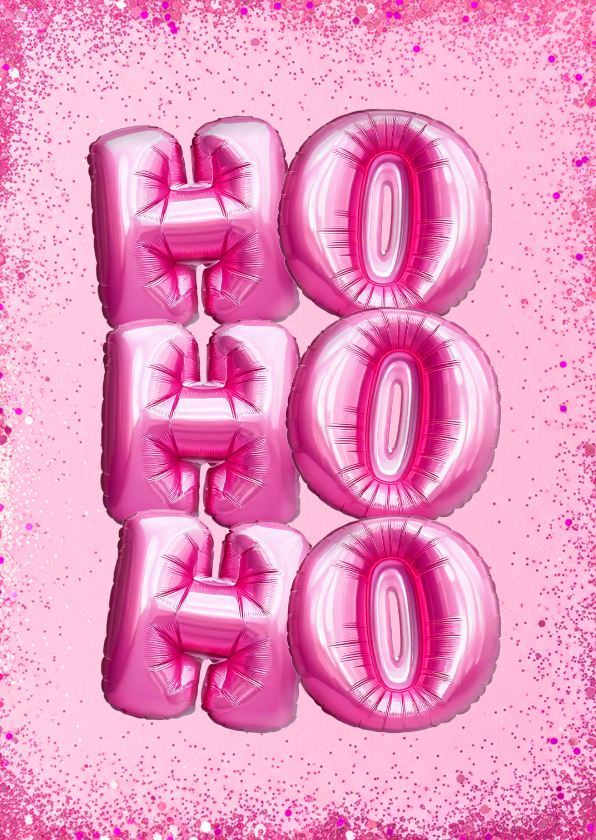 Roze kerstkaartje met glitters en ballonnen hohoho - Kerstkaarten Kerstkaarten - Roze kerstkaartje met glitters en ballonnen hohoho
