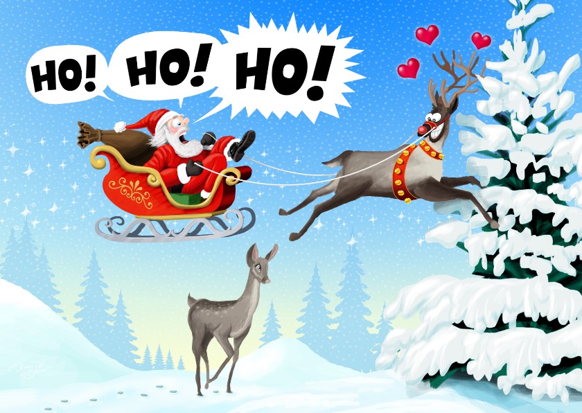 Kerstkaarten - Rudolph en Santa vliegen tegen de boom