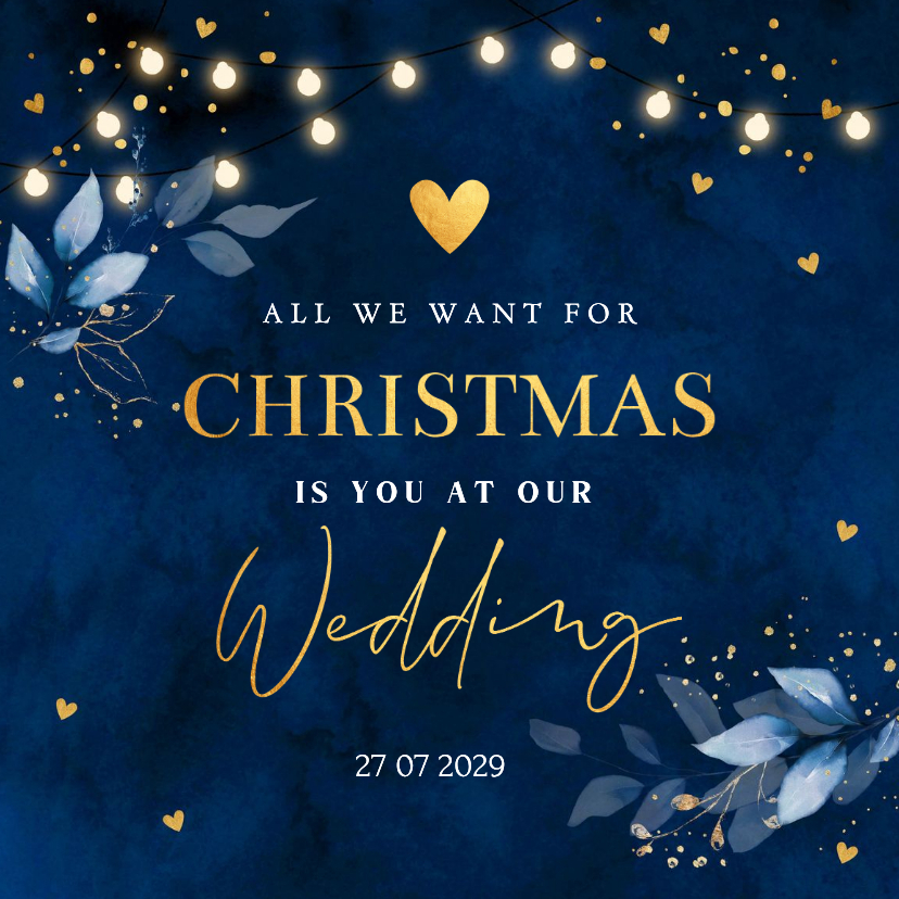 Save the Date kerstkaart blauw botanisch goudlook - Kerstkaarten Kerstkaarten - Save the Date kerstkaart blauw botanisch goudlook