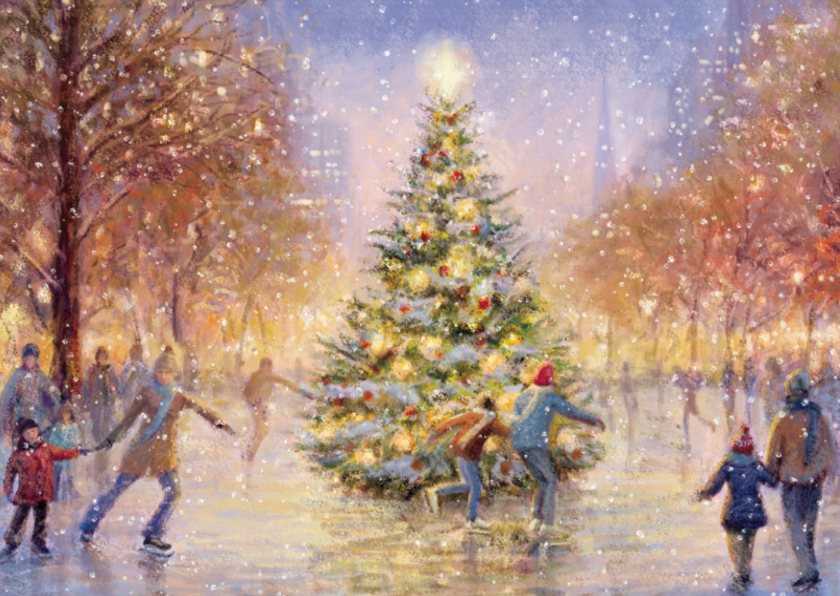 Kerstkaarten - Schaatsende mensen op het ijs rondom de kerstboom
