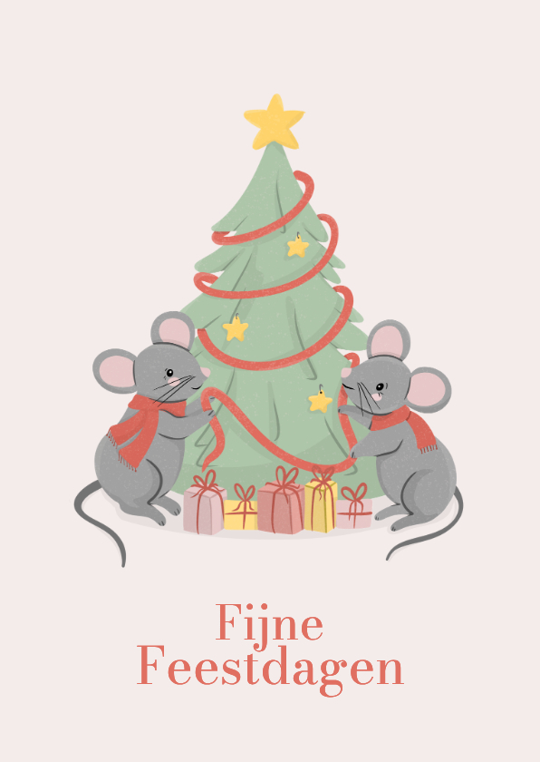 Schattige kerstkaart met muisjes die kerstboom versieren - Kerstkaarten Kerstkaarten - Schattige kerstkaart met muisjes die kerstboom versieren