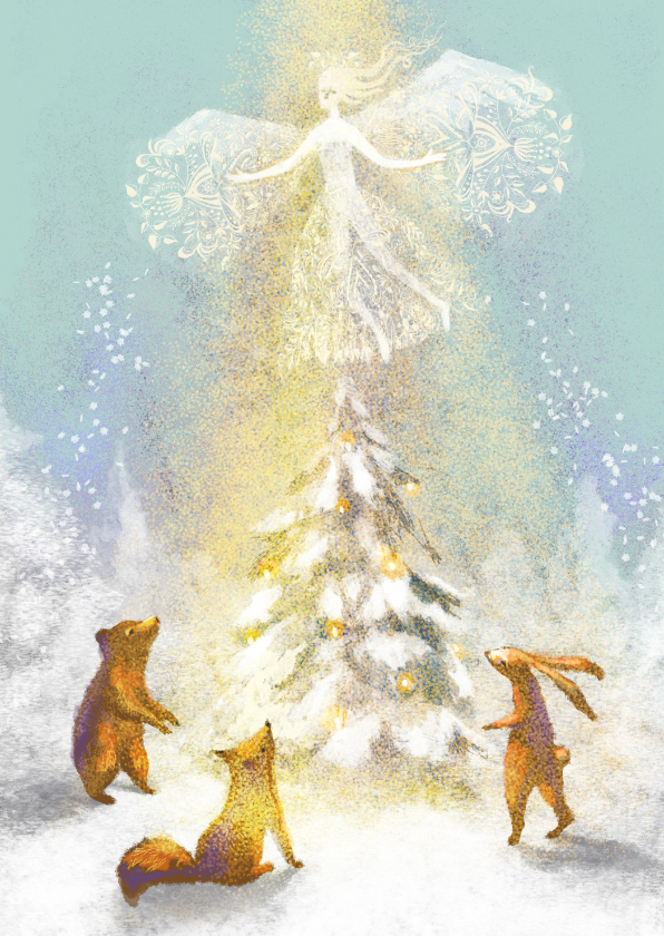 Kerstkaarten - Sfeervol Kerstkaart met engel en dieren