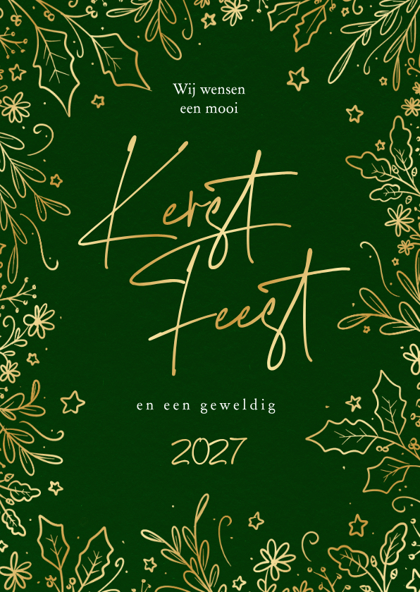 Kerstkaarten - Sierlijke kerstkaart met botanische rand in goud