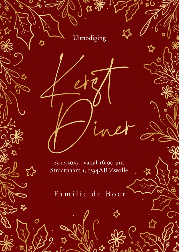 Kerstkaarten - Sierlijke uitnodiging kerstdiner met gouden takjes rood