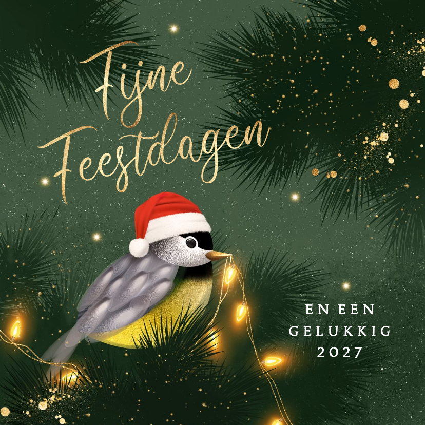 Sjieke kerstkaart koolmeesje kerstboom lichtjes - Kerstkaarten Kerstkaarten - Sjieke kerstkaart koolmeesje kerstboom lichtjes