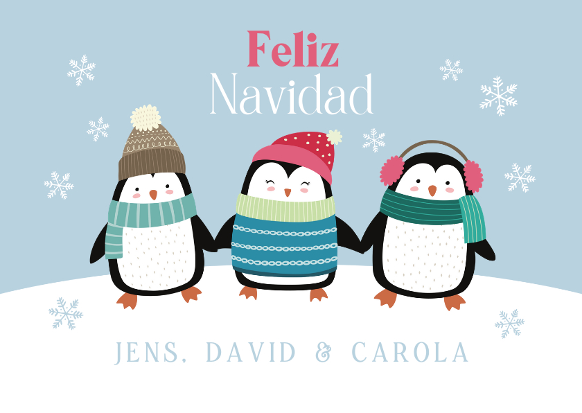Kerstkaarten - Spaanse kerstkaart met Pinguïns in de sneeuw