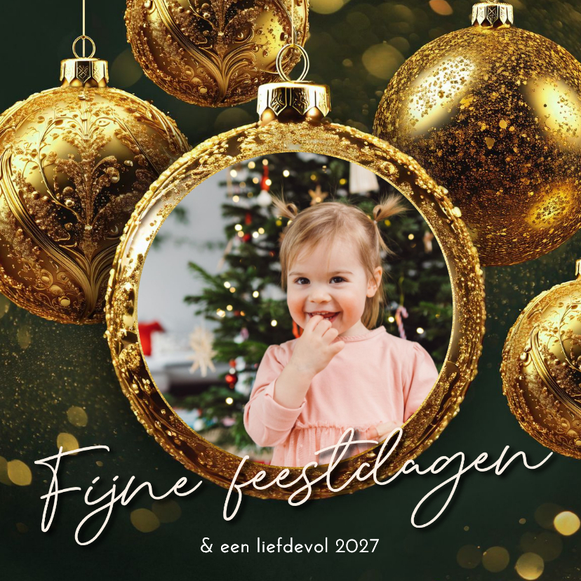 Sprankelend kerstkaartje groen gouden kerstballen foto - Kerstkaarten Kerstkaarten - Sprankelend kerstkaartje groen gouden kerstballen foto
