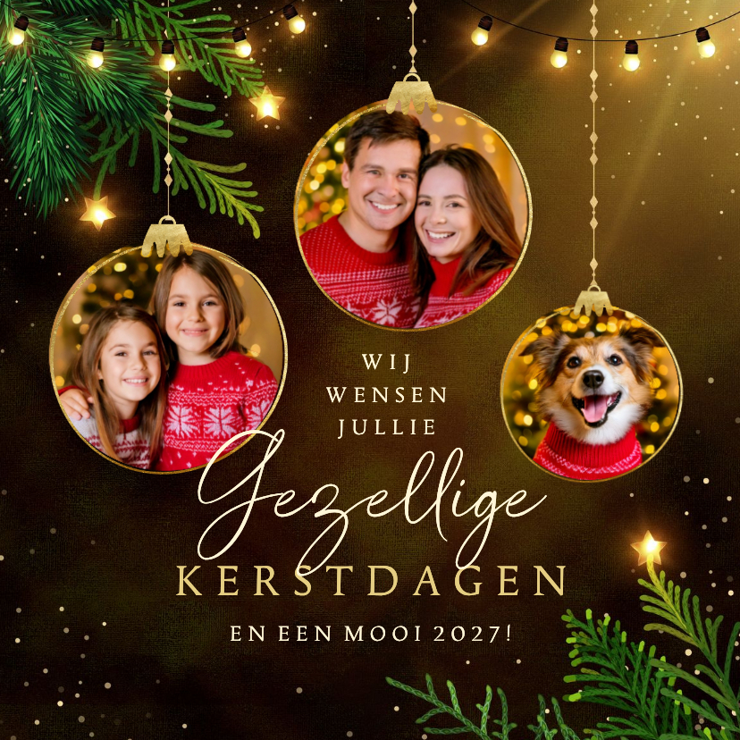 Kerstkaarten - Sprankelende kerstkaart fotocollage kerstballen en lichtjes