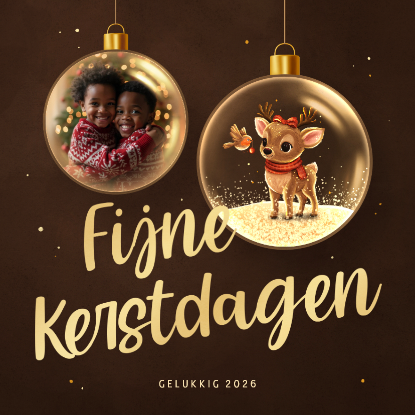 Sprankelende kerstkaart lief hertje en foto in kerstbal - Kerstkaarten Kerstkaarten - Sprankelende kerstkaart lief hertje en foto in kerstbal