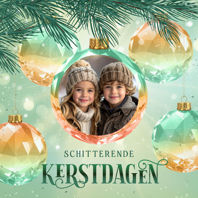 Kerstkaarten - Sprankelende kerstkaart met foto en kristallen kerstballen