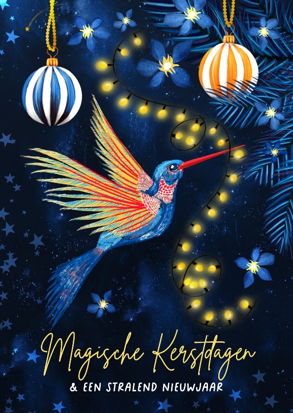 Kerstkaarten - Sprankelende kerstkaart met kolibri en lichtjes