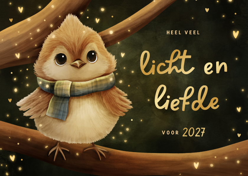 Kerstkaarten - Sprankelende kerstkaart vogeltje licht en liefde voor 2027