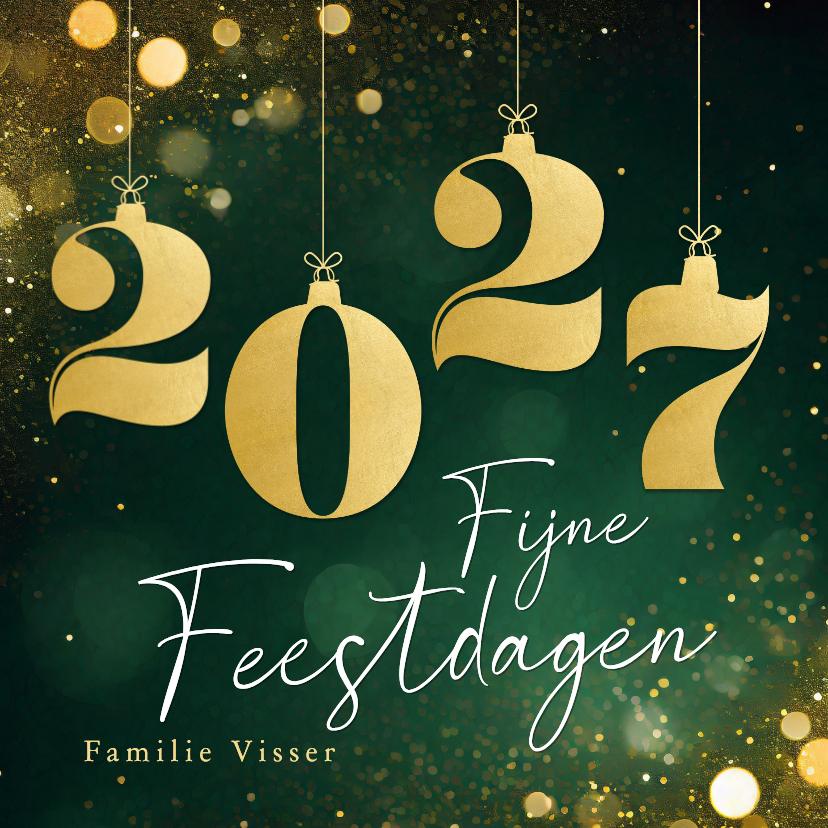 Sprankelende kerstkaartjes groen met gouden kerstballen 2027 - Kerstkaarten Kerstkaarten - Sprankelende kerstkaartjes groen met gouden kerstballen 2027