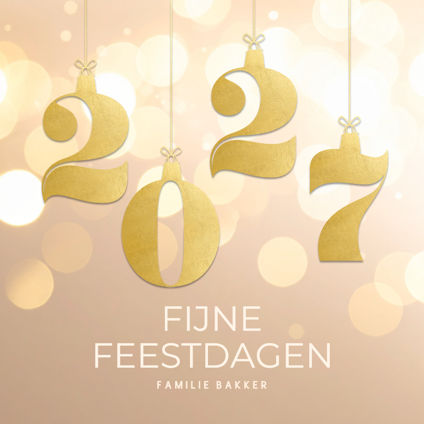 Stijlvol beige kerstkaartje 2027 goud met bokeh - Kerstkaarten Kerstkaarten - Stijlvol beige kerstkaartje 2027 goud met bokeh