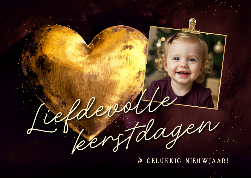 Stijlvol kerstkaartje met foto rood gouden hart liefdevol - Kerstkaarten Kerstkaarten - Stijlvol kerstkaartje met foto rood gouden hart liefdevol