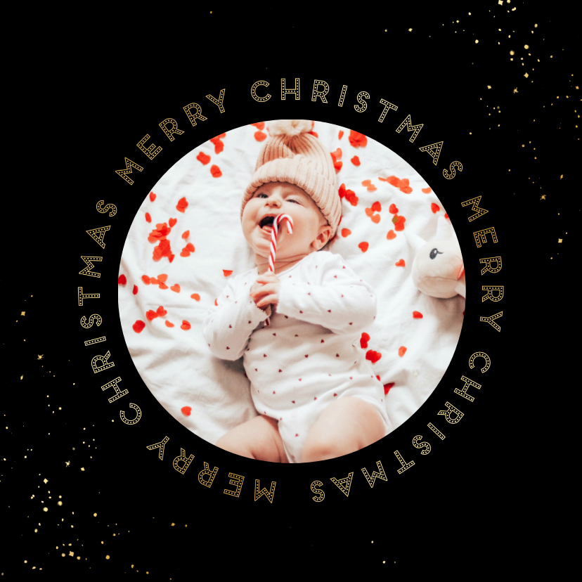 Kerstkaarten - Stijlvol zwart kerstkaartje met merry christmas in cirkel