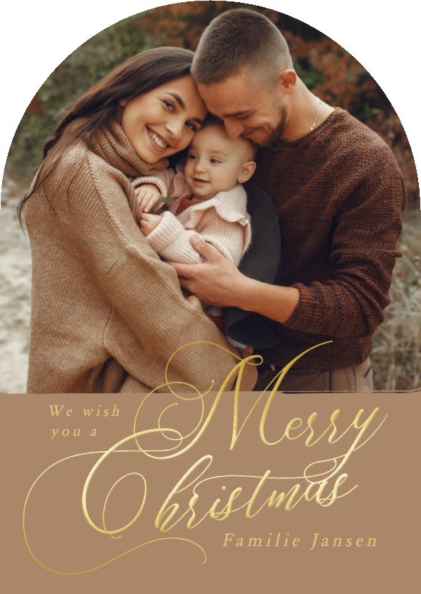 Stijlvolle beige fotokaarten kerst met goud in boogvorm - Kerstkaarten Kerstkaarten - Stijlvolle beige fotokaarten kerst met goud in boogvorm