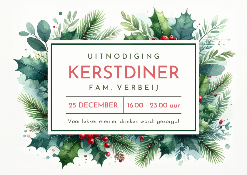 Kerstkaarten - Stijlvolle botanische uitnodiging kerstdiner met takjes