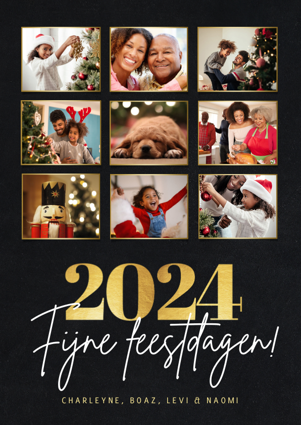 Kerstkaarten - Stijlvolle fotocollage kertskaart met foto's en gouden 2024