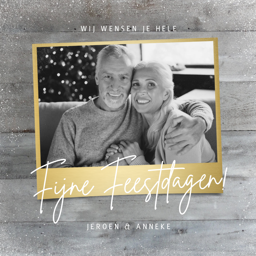 Stijlvolle houtlook kerstkaart met foto in gouden rand - Kerstkaarten Kerstkaarten - Stijlvolle houtlook kerstkaart met foto in gouden rand