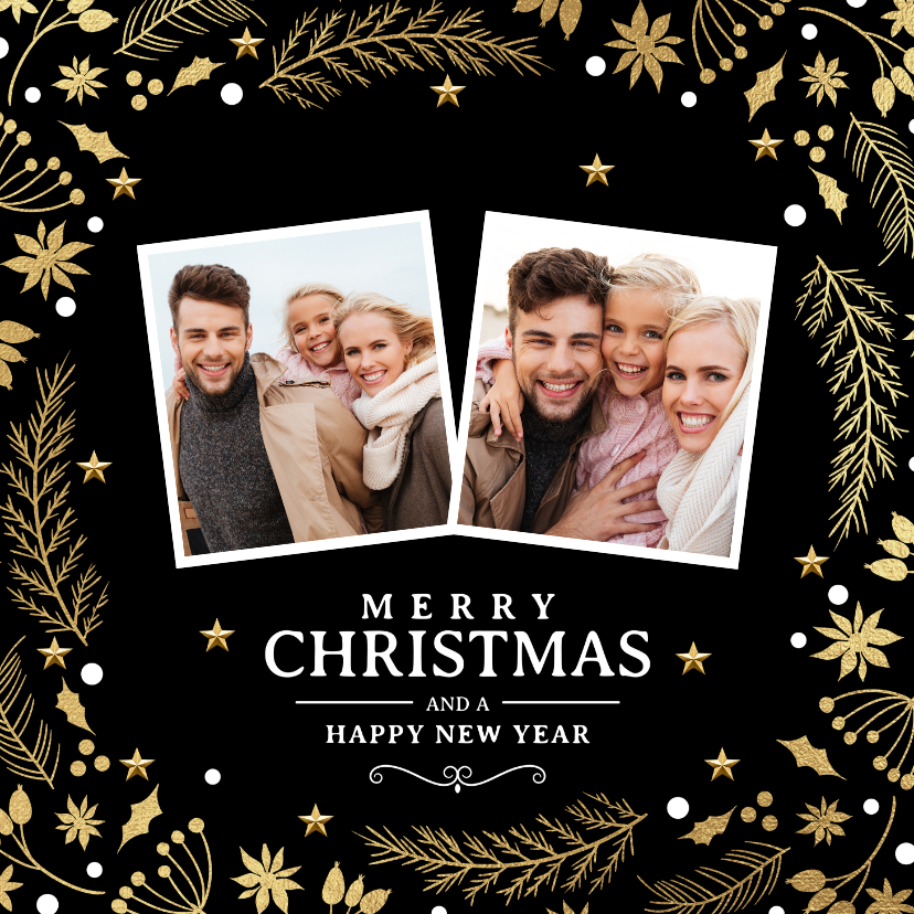 Stijlvolle kerstkaart 2 foto's kersttakjes goud zwart - Kerstkaarten Kerstkaarten - Stijlvolle kerstkaart 2 foto's kersttakjes goud zwart