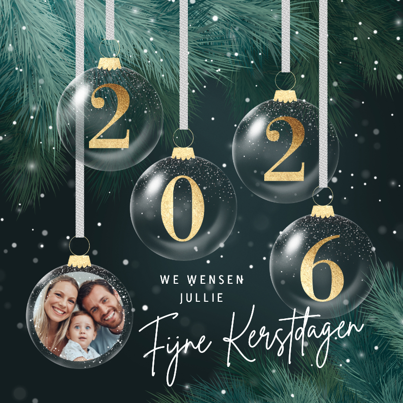 Kerstkaarten - Stijlvolle kerstkaart 2026 kerstballen en foto