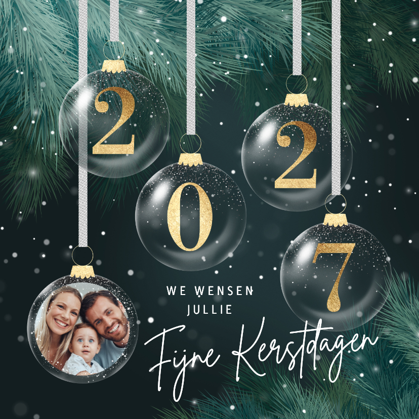 Kerstkaarten - Stijlvolle kerstkaart 2027 kerstballen en foto